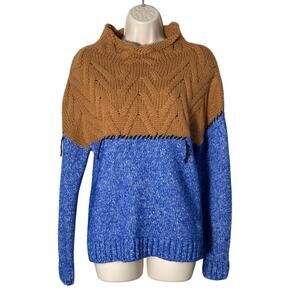 NWT TELA Color Block Mock Neck Sweater Alpaca/Wool Blend Sweater Tan/Blue Size S
